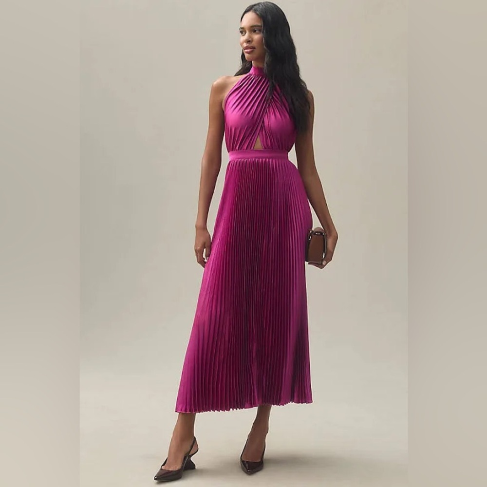 L'IDEE RENAISSANCE HALTER PLEATED MAXI DRESS